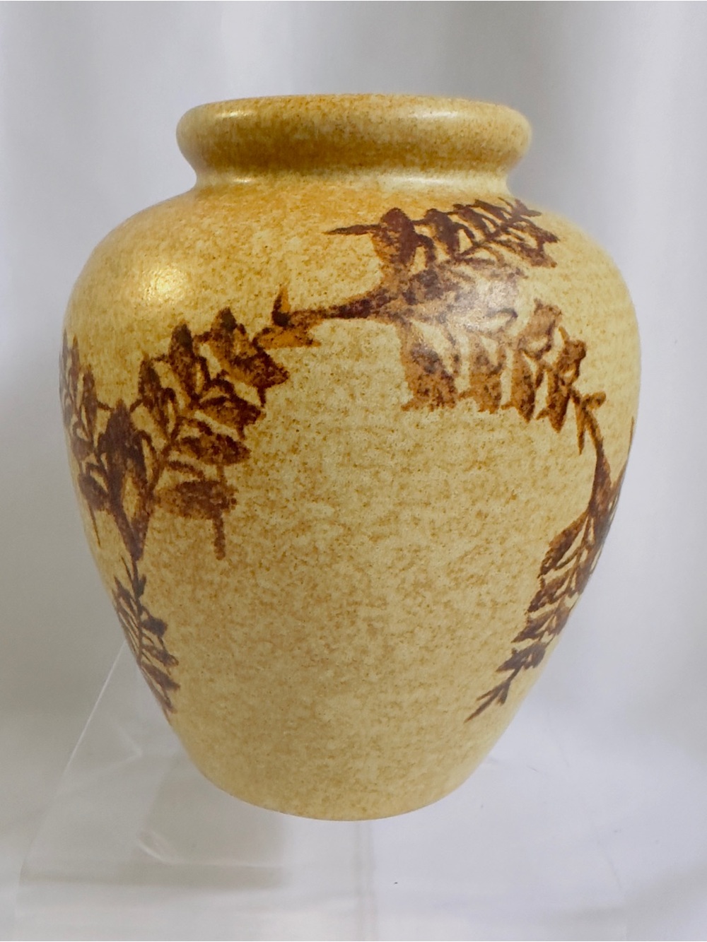 Studio Art Pottery 7.5" Fern Designed Brown & Tan Vase Red Clay 19" Circumfer